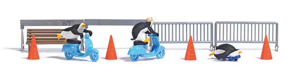 Penguins Ridomg Scooters Complete Miniature Scene -- 3 Penguins, 2 Scooters, Skateboard, 4 Traffic Cones, Barricades-1