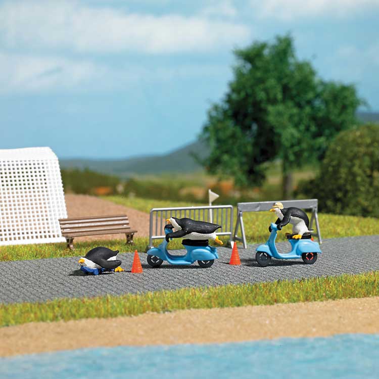Penguins Ridomg Scooters Complete Miniature Scene -- 3 Penguins, 2 Scooters, Skateboard, 4 Traffic Cones, Barricades-2