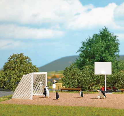 Penguins Playing Ball Complete Miniature Scene -- 4 Penguins, Basketball Hoop, Soccer Goal, 4 Benches, 3 Balls-2
