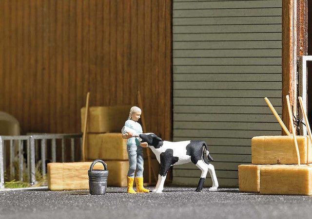 Calf Feeding - Action Set -- Girl Feeding Calf, Stable Tools, Hay Bales-1