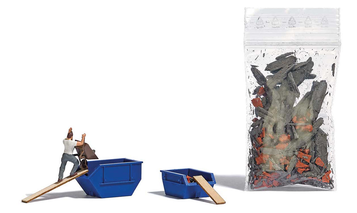 Cleaning Up/Clearing Out - Action Set -- 2 Dumpsters, Figure, Wood Ramps, Rubble-1