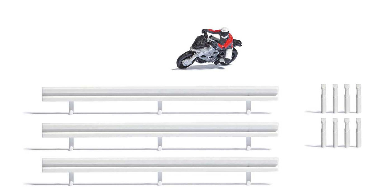 Super Racer 1 - Action Set -- Silver Motorcycle with Rider, 3 Sections of Highway Guardrails-2