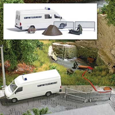 Bomb Squad - Action Set -- Bomb Disposal Van, Figure, Wheelbarrow, Tools, Sandpile, Barriers