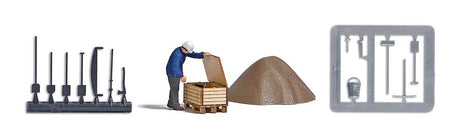 Era 3/4 Railway Worker - Action Set -- Figure, Ballast Pile, Wood Crate Kit, 2 Track Tool Sprues-1
