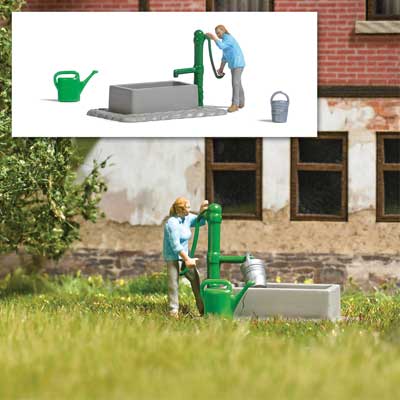 Water Pump Scene - Action Set -- Pump/Cistern, Gardner Figure, Watering Can, Bucket