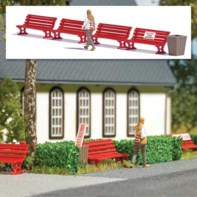 Caution! Wet Paint! - Action Set - Person Gets Paint Stripes on Outfit -- Figure, 4 Benches, Trash Can; Signs with German Lettering