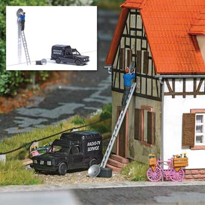 Installing a Satellite Dish - Action Set -- 2 Satellite Dishes, Fiat Fiorino Service Truck, Ladder, Tech Figure