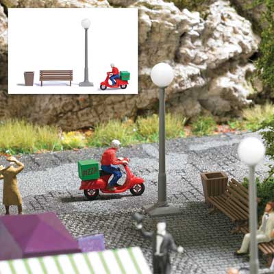 Scooter Pizza Delivery - Action Set -- Motor Scooter w/Warmer Box, Non-Working Stretlight, Garbage Can, Bench
