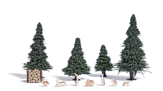 Rabbits/Hares - Action Set -- 7 Rabbits, Wood Pile, 4 Small Pine Trees-1