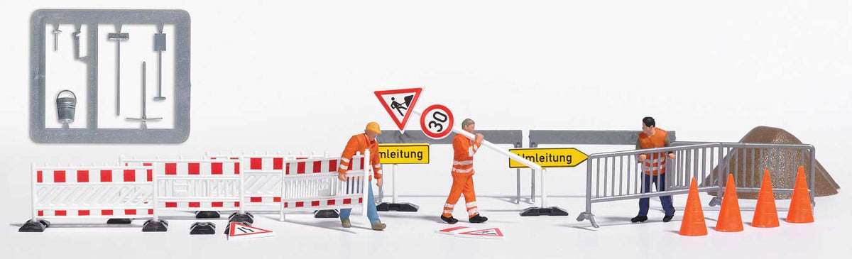 Setting Up Construction Barriers - Action Set -- 8 Barriers, 3 Figures, German Signs, Orange Cones, Dirt Pile-2