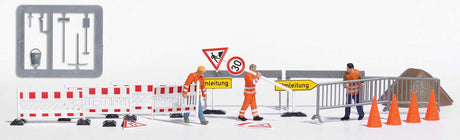 Setting Up Construction Barriers - Action Set -- 8 Barriers, 3 Figures, German Signs, Orange Cones, Dirt Pile-2