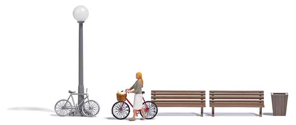 Shopping for Veggies - Action Set -- 2 Benches, Garbage Can, Figure, 2 Bicycles, Nonworking Park Light-1