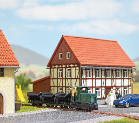 Non-Operating Narrow Gauge industrial Railroad Starter Set - Feldbahn -- Gmeinder 15/18 Loco, 4 Side-Dump Cars, Plastic Track-3