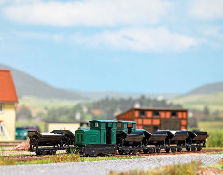 Non-Operating Narrow Gauge industrial Railroad Starter Set - Feldbahn -- Gmeinder 15/18 Loco, 4 Side-Dump Cars, Plastic Track-4
