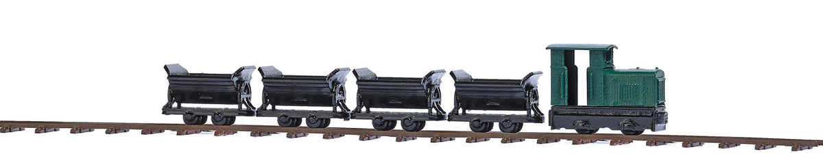 Non-Operating Narrow Gauge industrial Railroad Starter Set - Feldbahn -- Gmeinder 15/18 Loco, 4 Side-Dump Cars, Plastic Track-5