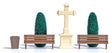 Stone Cross Scene -- Stone Cross, 2 Trees, 2 Benches & Garbage Can