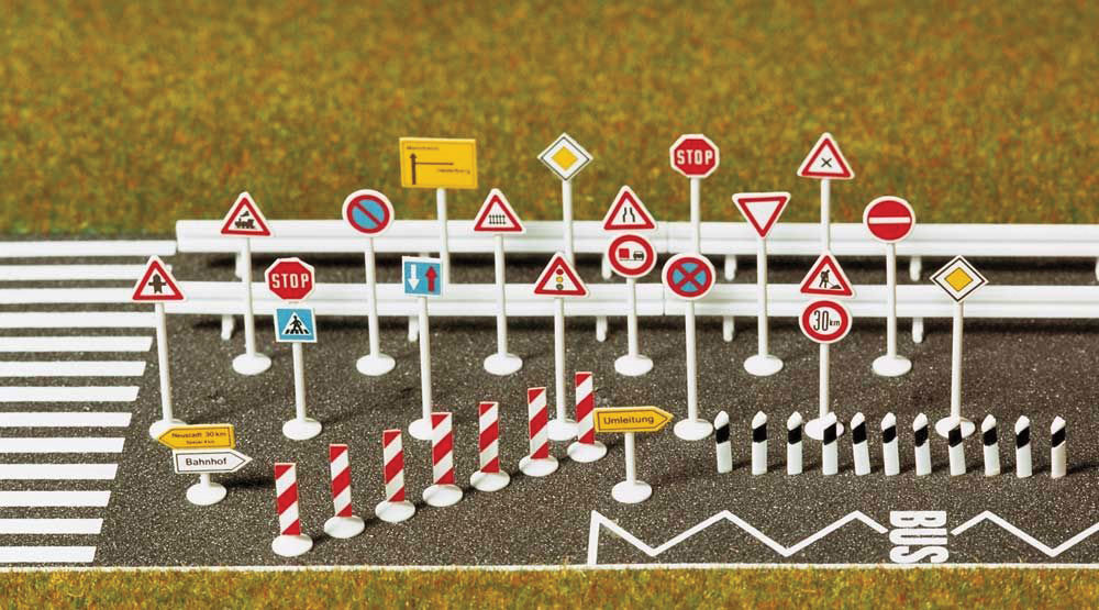 European-Style Traffic Sign Set -- 30 Signs, 10 Guardrails, Road Limit Posts & Dry Transfer Street Markings