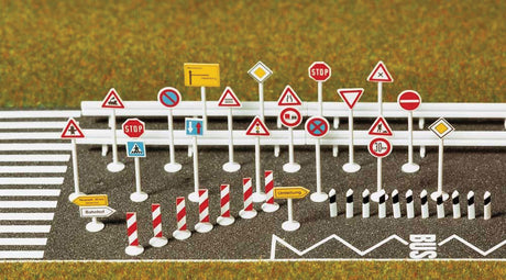 European-Style Traffic Sign Set -- 30 Signs, 10 Guardrails, Road Limit Posts & Dry Transfer Street Markings