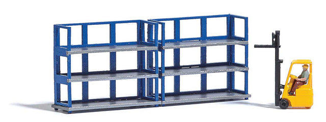 Forklift with Driver and Industrial Shelving -- Yellow
