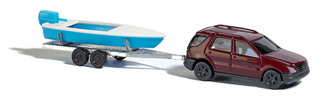 Mercedes-Benz M-Klasse SUV w/Boat & Trailer - Assembled -- Red SUV, Blue Motorboat