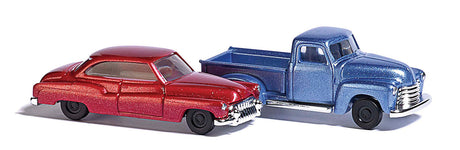 1950s Chevy Pickup & Buick 2-Door Set - Assembled -- Metallic Blue truck, Metallic Red car