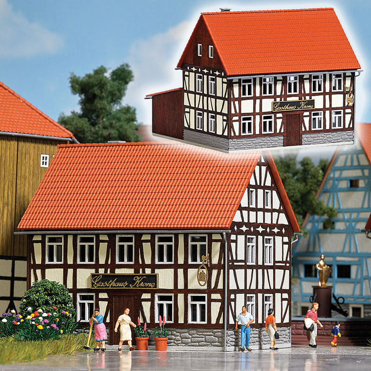 Krone Inn Half-Timbered Restaurant w/Lean-To Addition -- Laser-Cut Wood Kit -Main Building 3-3/16 x 2-5/16 x 2-13/16"  8.1 x 5.9 x 7