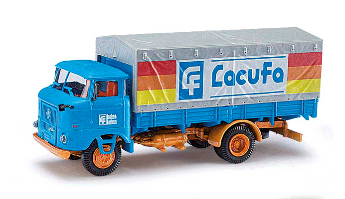 1965 W50L Sp Low-Sided Delivery Truck w/Canvas Cover - Assembled -- Lacufa (blue, orange, yellow, white, red, German Lettering)