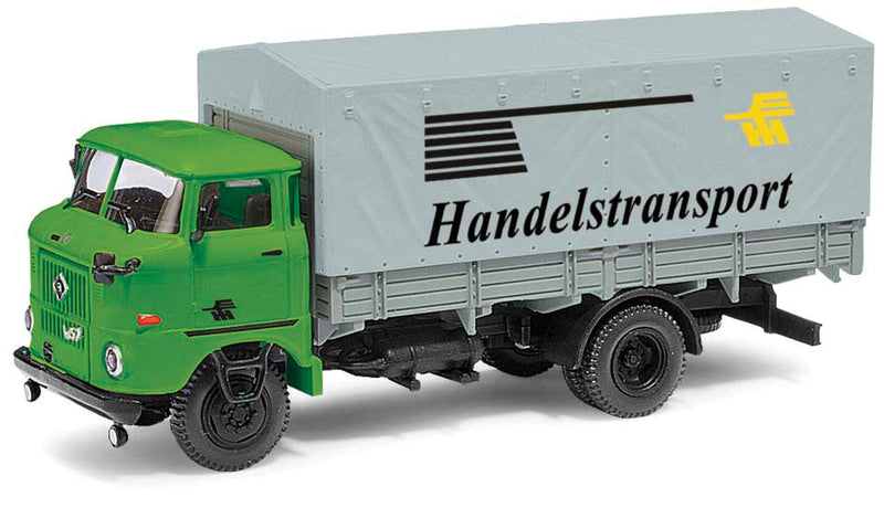 W50L Sp Low-Sided Delivery Truck w/Tarp Cover - Assembled -- Handel Transport (green, gray, black, German Lettering)