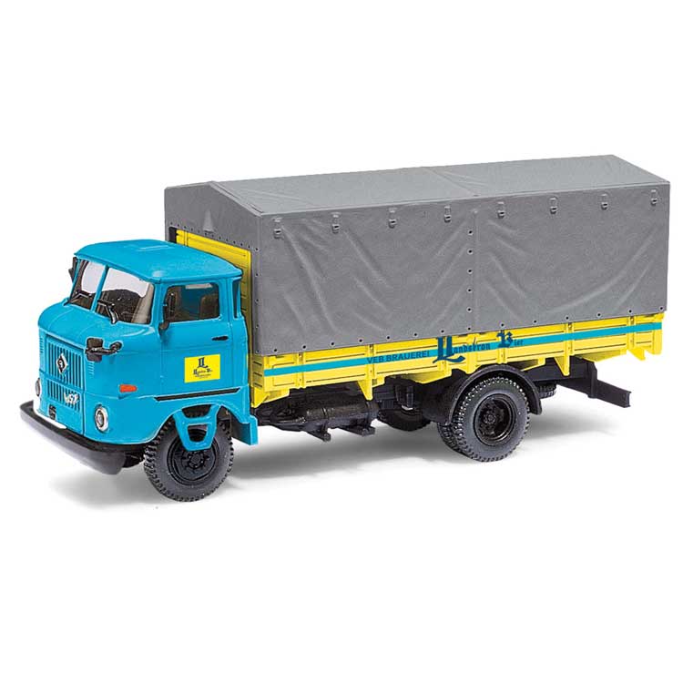 1965 IFA W50L Sp Low-Sided Delivery Truck w/Canvas Tarp - Assembled -- Landskron Pils (blue, yellow, gray, German Lettering)