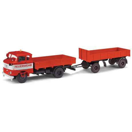 1965 IFA W50L Sp Low-Sided Delivery Truck w/Trailer - Assembled -- Fire Department (red, white, German Lettering)