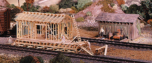 Shed Under Construction & Double Handcar House -- Shed: 2-1/2 x 5-1/4"  6.3 x 13.3cm, House: 3-1/8 x 3-7/8"  7.9 x 9.8cm
