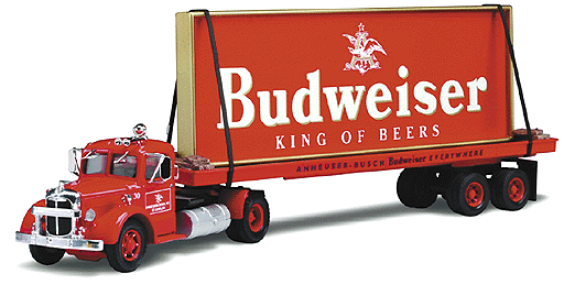Budweiser 2002 Edition Vehicles -- Mack(R) LJ 2-Axle Conventional Tractor w/Flatbed Trailer & Budweiser Sign Load