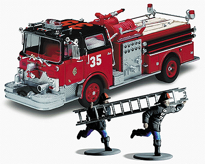 Emergency - Fire Dept. Vehicles - Mack CF Quad Pumper w/Front Intake -- Chicago Fire Dept. Engine 35 w/2 Figures (red, black roof)