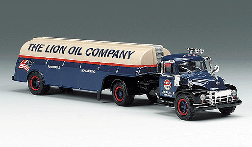 American Trucks - Tractor-Trailer - Diamond T 2-Axle Conventional -- w/Single-Axle Semi-Skirted Tanker - Lionelville The Lion Oil Co. (cream, blu