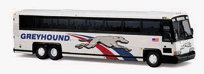 Vintage Bus Lines(tm) - Buses - MCI 102 DL3 Long-Distance Coach 1980s -- Greyhound (white, greyhound logo, blue & red markings)