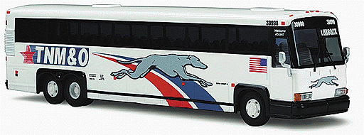Vintage Bus Lines(tm) - Buses - MCI 102 DL3 Long-Distance Coach -- Greyhound TNM&O Lines (white, blue & red stripes, flag & dog logo)