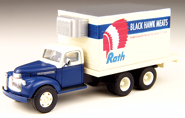 1941-1946 Chevrolet Reefer Truck - Assembled - Mini Metals(R) -- Rath Packing - Black Hawk Meats (White, blue, red)