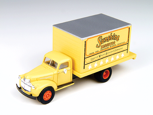 1941-1946 Chevrolet Box Truck - Assembled - Mini Metals(R) -- Sunshine Biscuits (yellow, black)