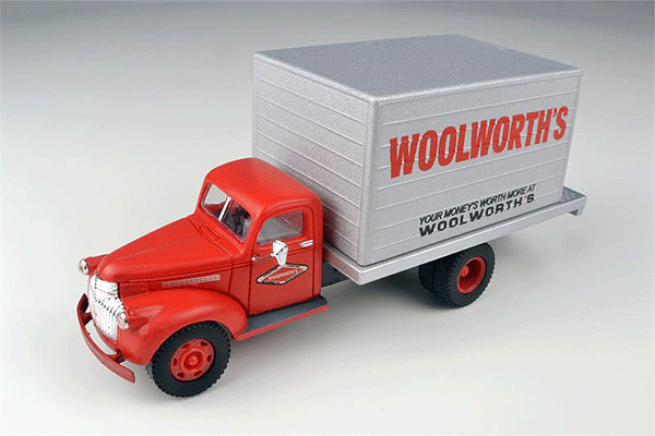 1941-1946 Chevrolet Box-Body Delivery Truck - Assembled - Mini Metals(R) -- Woolworth's (red, silver)