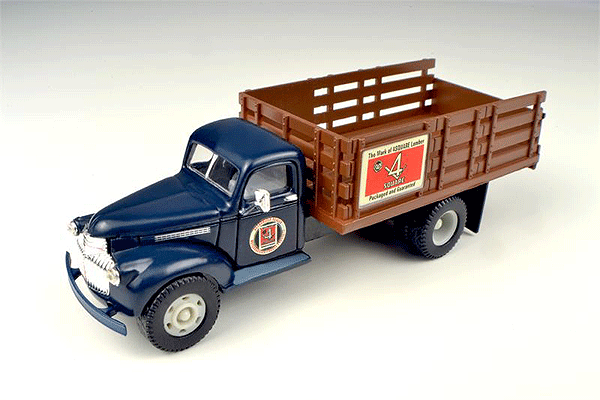 1941-1946 Chevrolet Stakebed Truck - Assembled - Mini Metals(R) -- Weyerhaeuser 4-Square Lumber (blue, brown, red, white)