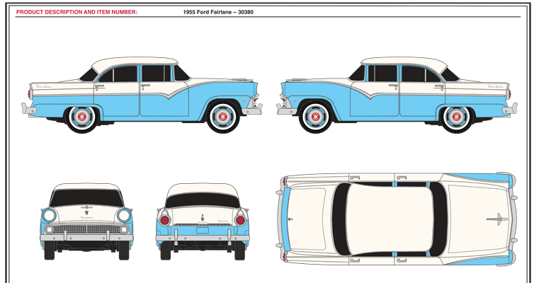 1955 Ford Fairlane 4-Door Town Sedan - Assembled - Mini Metals(R) -- Aquatone Blue, Snowshoe White-1