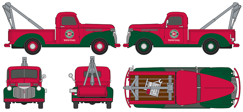 1941-1946 Chevrolet Wrecker/Tow Truck - Assembled - Mini Metals(R) -- Sinclair Towing (red, green)-1