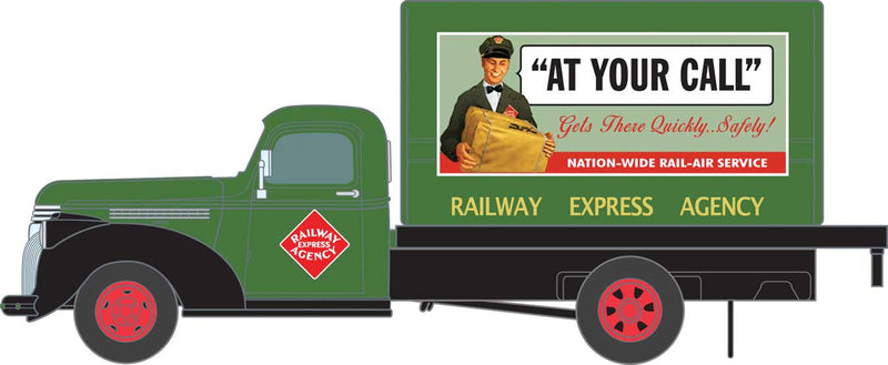 1941-1946 Chevrolet Box Delivery Truck - Assembled - Mini Metals(R) -- Railway Express Agency (Dark Green, "At Your Call" Slogan)