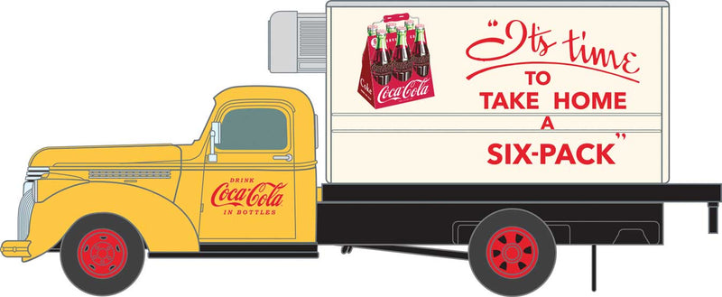 1941-1946 Chevrolet Reefer Delivery Truck - Assembled - Mini Metals(R) -- Coca-Cola (yellow, cream, red; "Take Home a Six-Pack" Slogan)