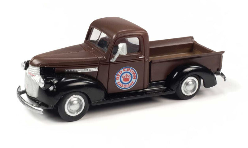 1941-1946 Chevrolet Pickup Truck - Assembled - Mini Metals(R) -- Red Crown Gasoline (maroon, black)-1