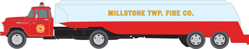 1957 Chevrolet Tractor with Tank Trailer - Assembled - Mini Metals(R) -- Millstone Township Fire Dept. (silver, red)