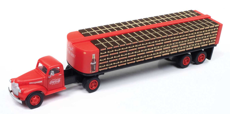 1941-1946 Chevrolet Tractor w/Flatbed Trailer & Load - Assembled - Mini Metals -- Coca-Cola (red, white)-1