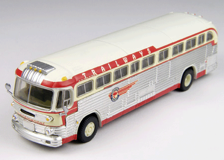 GMC PD 4103 Intercity Bus - Assembled - Mini Metals(R) -- Trailways (silver, red, white, Blank Destination Board)