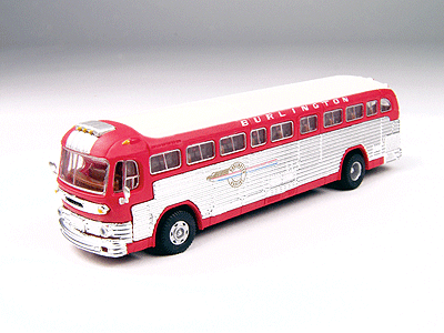 GMC PD 4103 Intercity Bus - Assembled - Mini Metals(R) -- Chicago, Burlington & Quincy (silver, red, Los Angeles Destination Board)
