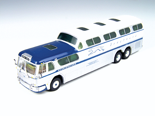 1954 GMC PD4501 Scenicruiser Bus - Assembled -- Greyhound (1954 Scheme; silver, white, blue; Destination: New York)